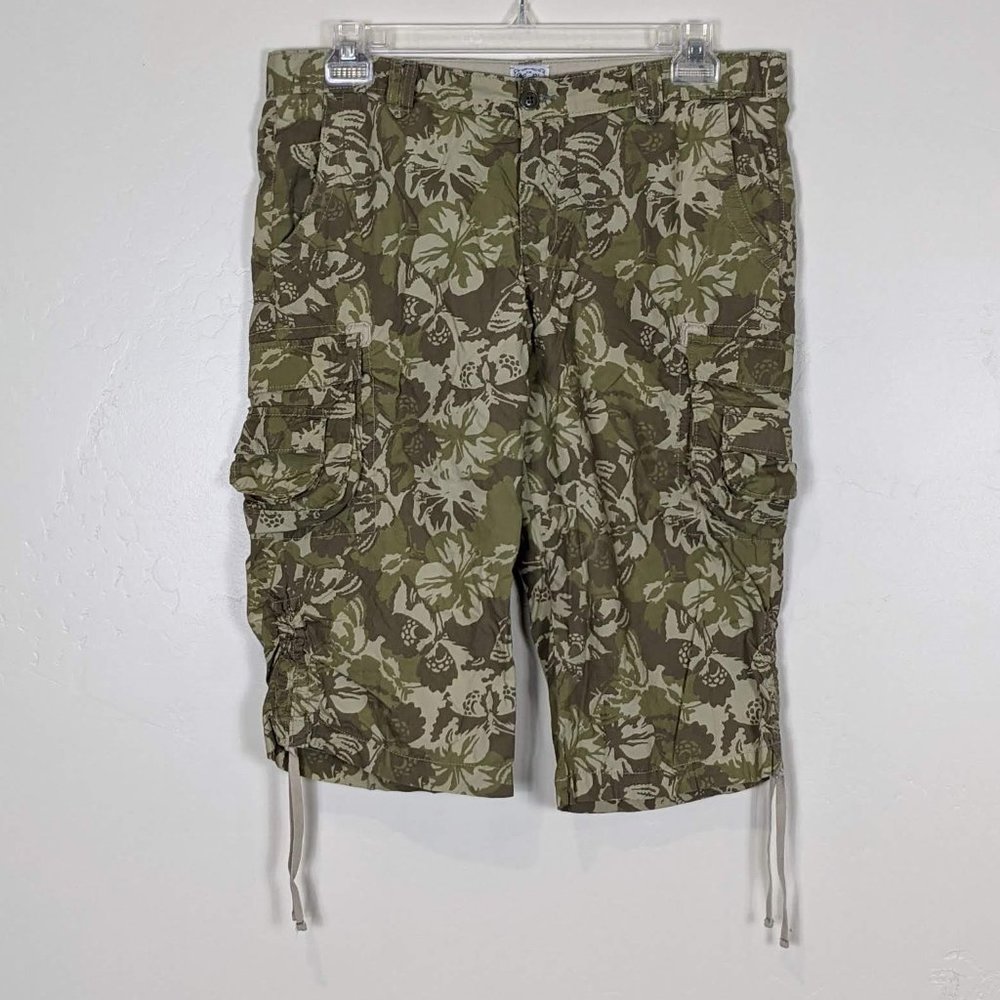 Lucky Brand Size 16/33 100% Cotton Green/Tan Floral Cargo Capri